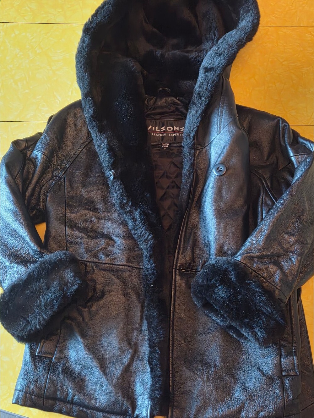 Vintage Wilsons Black Faux Shearling-Trim Hooded Leather Jacket - Women's